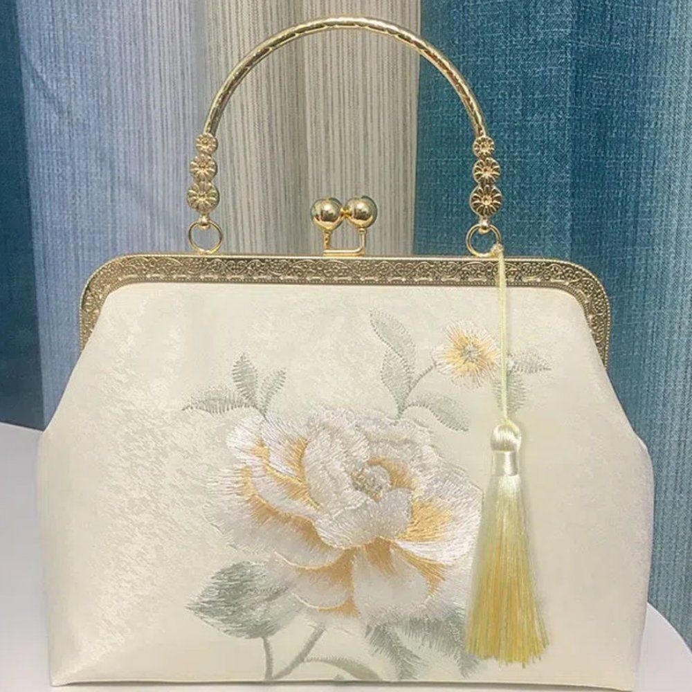 Handcrafted Roses Embroidered Handbag Pearl Chain | Women Shoulder bag